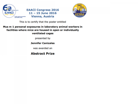 Image: Certificate - Jennifer Canizales won best abstract prize in her session at the EAACI (European Academy of Allergy and Clinical Immunology) Congress 2016, held in Vienna, 11-15 June 2016
