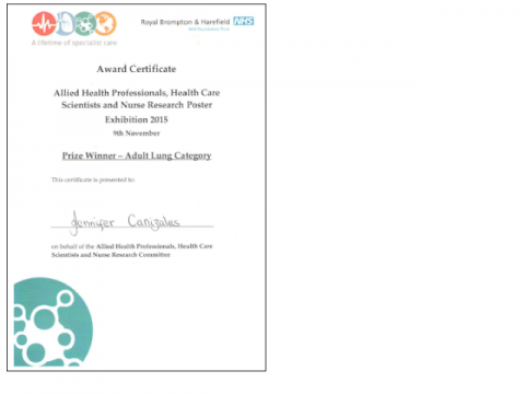 Award certificate - Jennifer Canizales won first prize in her category at the '9th Annual Allied Health Professionals, Health Care Scientists & Nurses Research' Poster Event, held at the Royal Brompton Hospital, London, on 9 November 2015